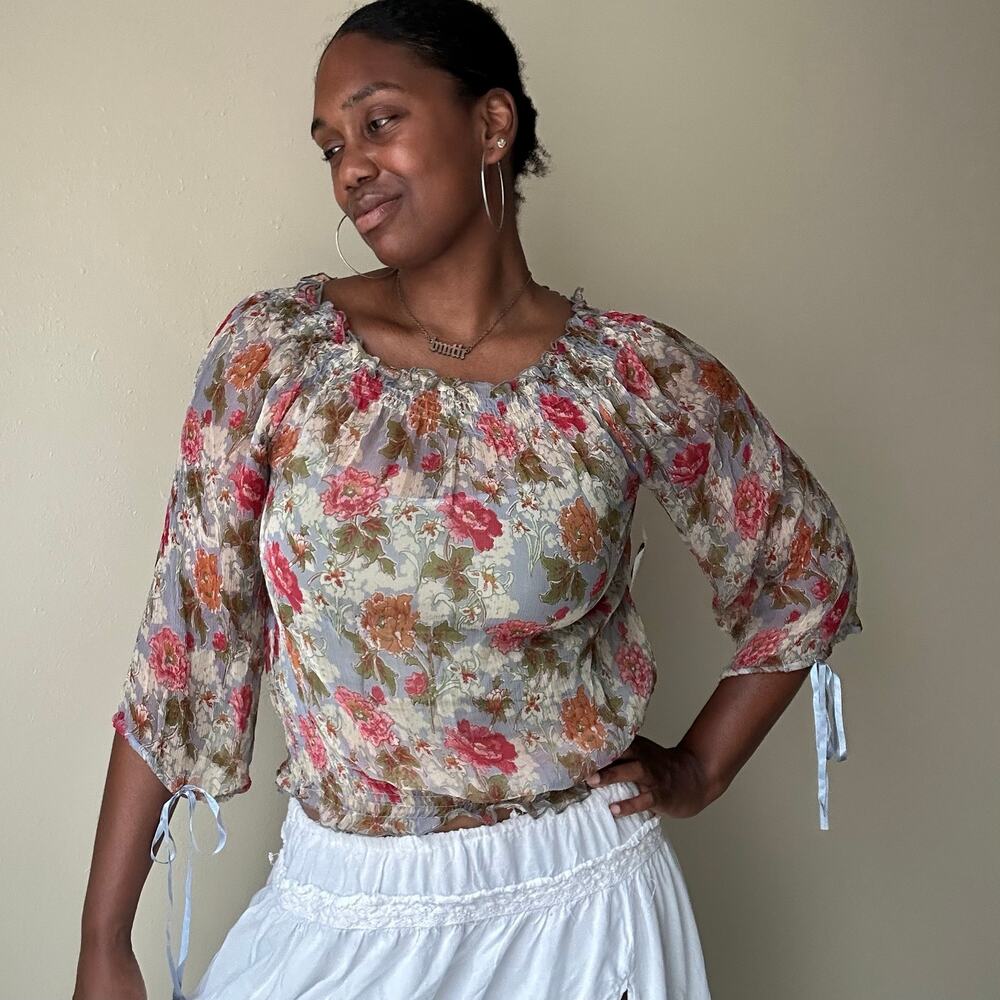 Angie Off The Shoulder Pink Floral Sheer Top Size Large